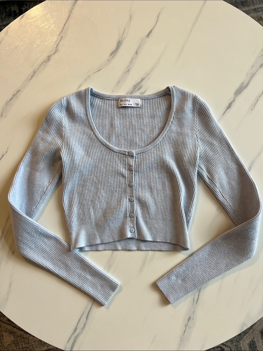 Bershka Pale Blue Ribbed Button-Front Crop Cardigan